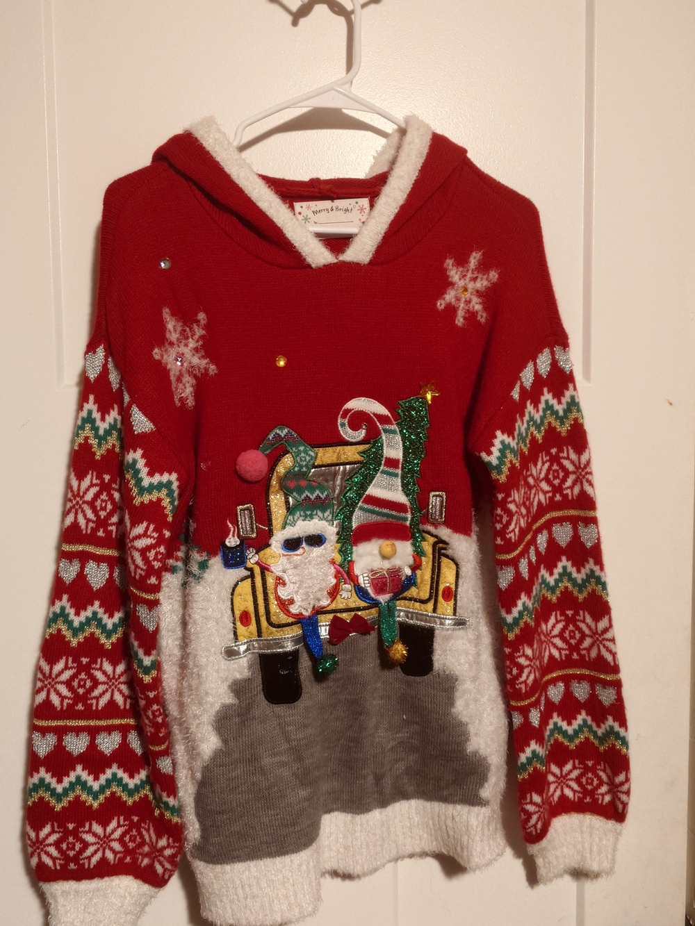Red Ugly Hooded Sweater with Festive Gnome Design